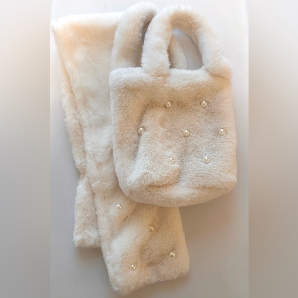 💯 From Japan! Soft Cute Bag Scarf Set Faux Fur And Pearls